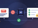 Illustration of an email campaign passing through AI checks to a locked approval checklist