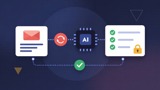 Illustration of an email campaign passing through AI checks to a locked approval checklist